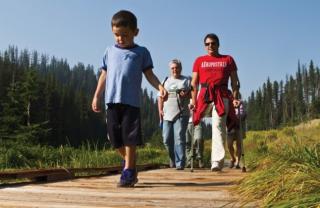 Kids hiking on boardwalk