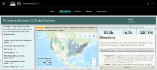 A graphic showing the Forests to Faucets Story Map screen interface, which is a map of the continental United States.