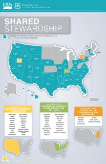 A map of the United States of America showing the States where signed Shared Stewardship Agreements have been signed.