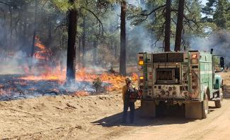 Firefighter standing next to engine with fire-trees-road.jpg Firefighter standing next to engine with fire-trees-road