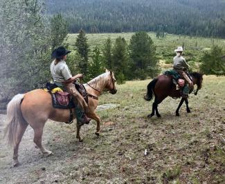 two forest service techs ride horseback through the mountains.