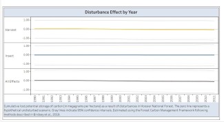 Lost potential storage of non-soil carbon (Megagrams) as a result of disturbance for the period 1990-2011 in Hoosier National Forest. The zero line represents a hypothetical undisturbed scenario. Gray lines indicate 95% confidence intervals. Estimated using the ForCaMF model.
