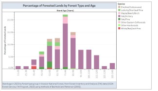 tand age distribution in 2023 by forest type group in Hoosier National Forest. Estimated from FIA data on undisturbed and untreated plots; rare forest type groups may not be represented.