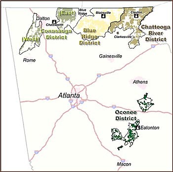 Vicinity map showing Districts of the Chattahoochee-Oconee National Forest