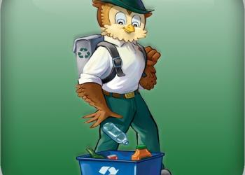 Woodsy Owl, wearing a green hat and grey backpack with the recycle logo on it, tosses a bottle in the trash.