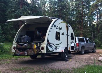 Rear view of an RPod camper in White River National Forest Campground