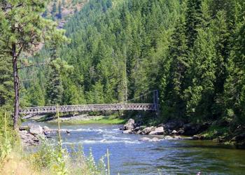 pack bridge spans river in steeply wooded area