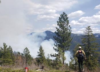 Firefighter watching a smoke column with a drip torch near by