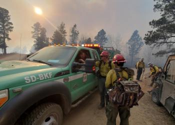 Firefighters by fire engine