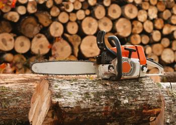 A yellow and white chainsaw sits on a log with a stack of firewood in the background.