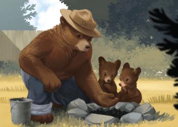 Smokey Bear and two cubs feel a campfire for heat.