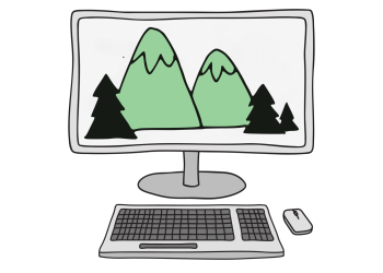 Drawing of a desktop keyboard and computer screen with an image of mountains and trees.