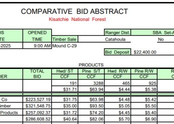 spreadsheet of bid results for mound c-29 timber sale