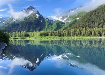 pond with line of trees and snowy mountains beyond