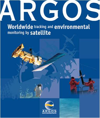 Graphic poster for Argos satellite system. Photos included in the poster are of a satellite, two people with equipment and a penguin. The poster includes the graphic for Argos and it also includes text that reads, Argos, Worldwide tracking and environmental monitoring by satellite.