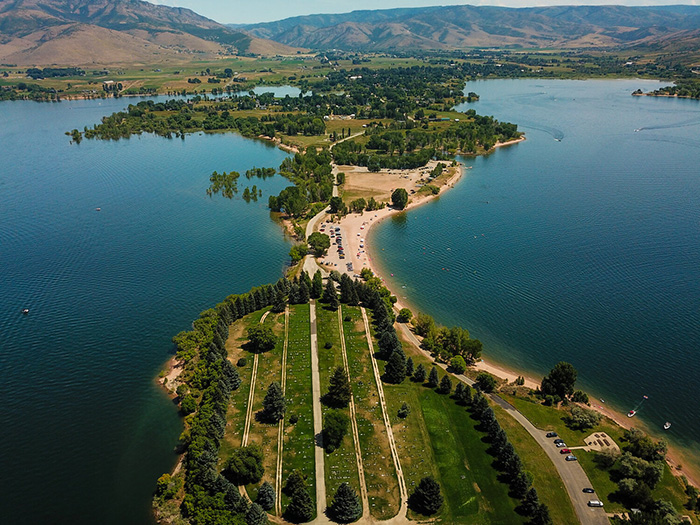 An aerial view of Pineview Reservoir located near Ogden Utah