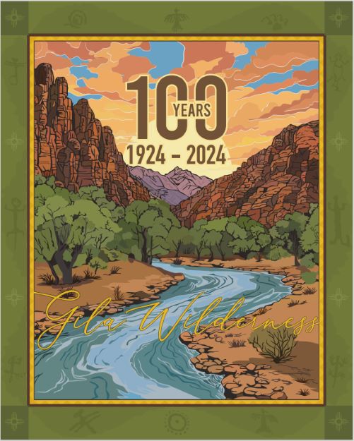 poster with a blue and white tipped river running from red rock cliffs. Artist Christina Wilkinson