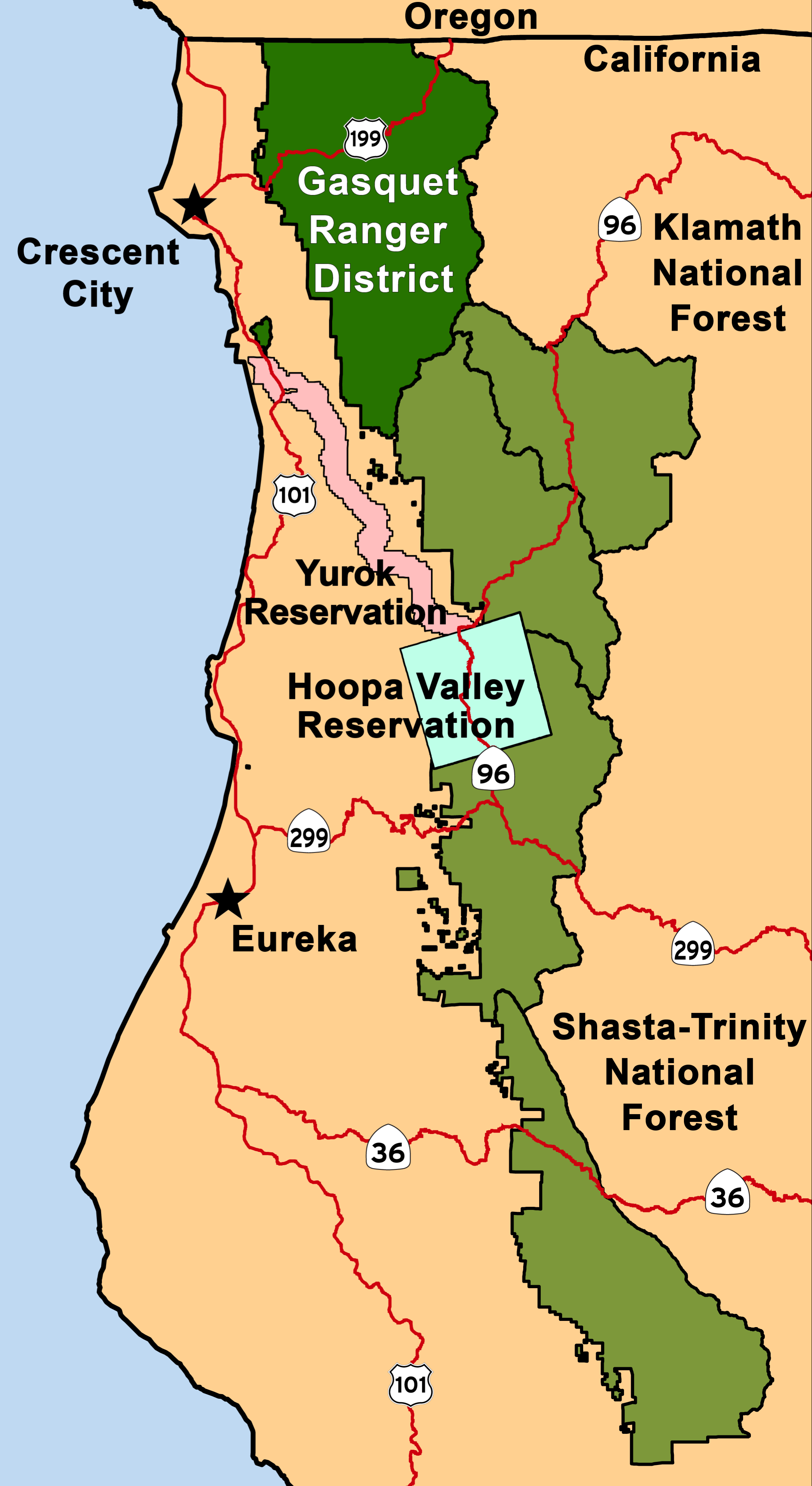 A map of the Six Rivers National Forest highlighting the Gasquet Ranger District