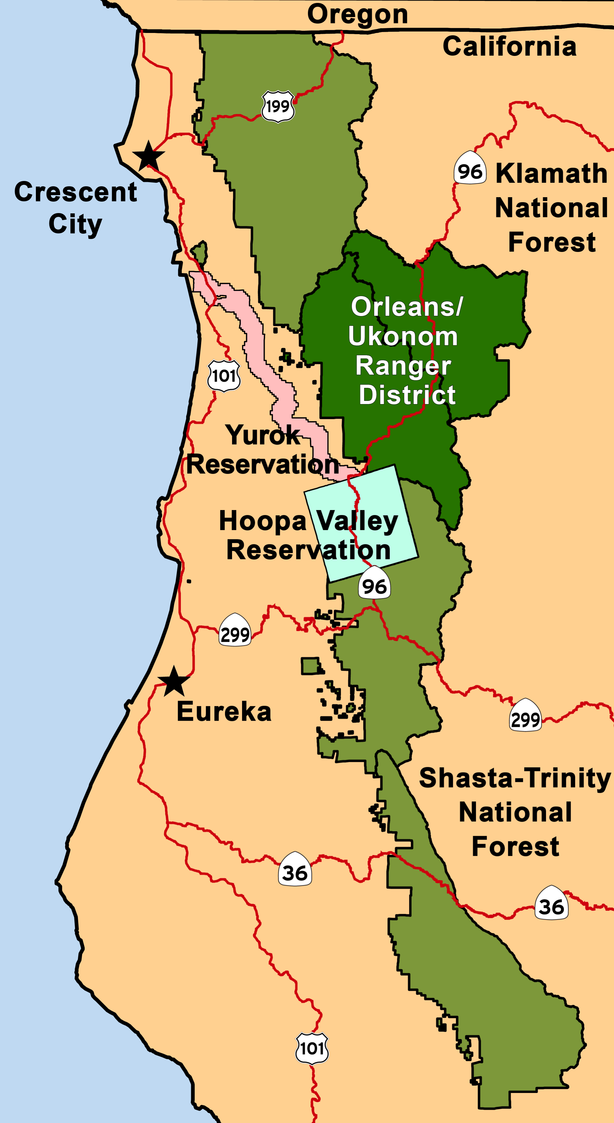 A map of the Six Rivers National Forest highlighting the Orleans/Ukonom Ranger District