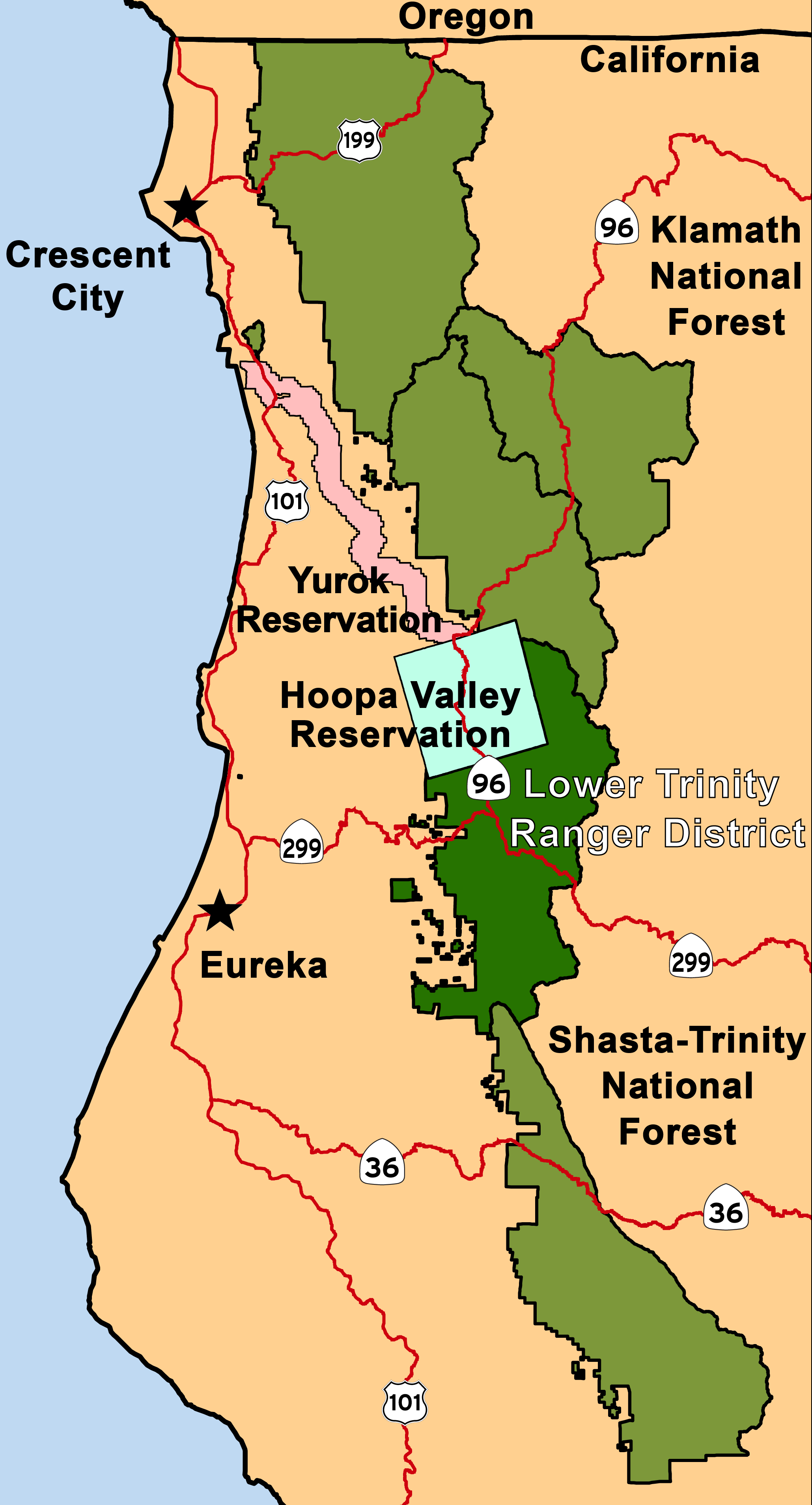 A map of the Six Rivers National Forest highlighting the Lower Trinity Ranger District