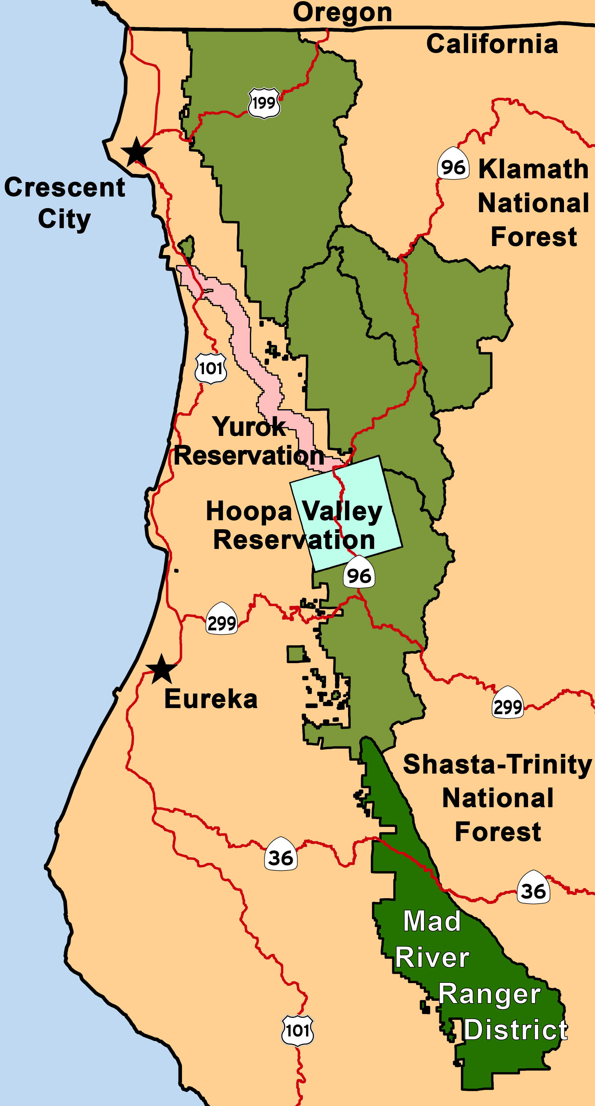 A map of the Six Rivers National Forest highlighting the Mad River Ranger District