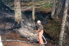 A firefighter with a hose sprays a smoldering duff fire that has burned out the roots of several trees.