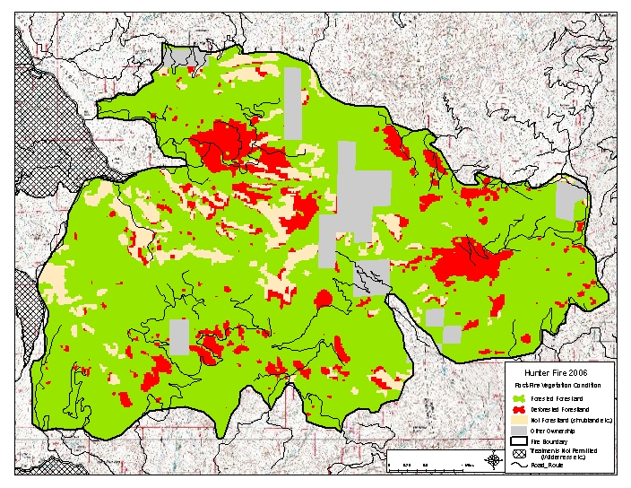 Fire boundary shown with areas of forested, deforested, and not forested forestland.  Also shown are areas where treatments are not permitted.
