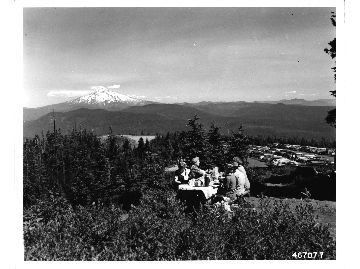 Picnic group, Larch Mt. campground (Mt. Hood in background.)