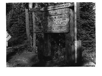 Historic sign marker at junction of Barlow Road with Mt. Hood Loop Highway. 6 miles east of Government Camp near Summit of Barlow Pass. Elevation 4155 ft.