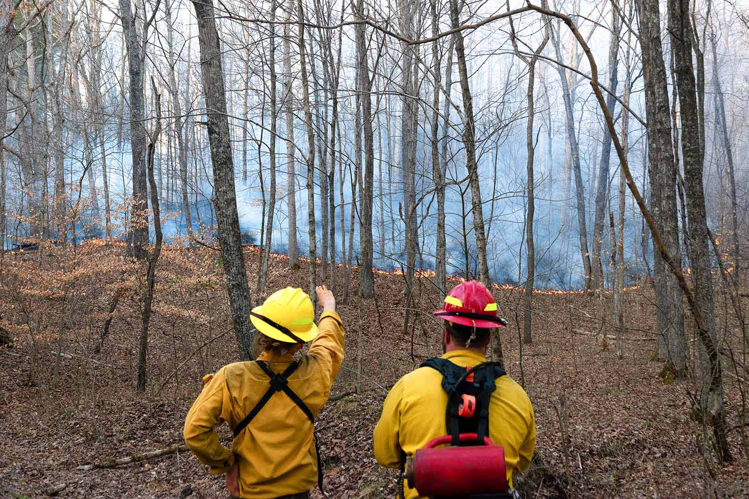 Two Forest Service employees monitor a prescribed burn as it descends a hillside.
