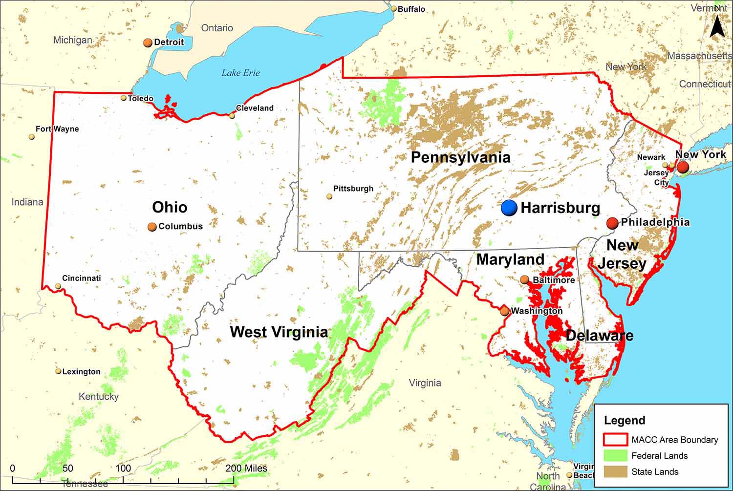 An area map with the states of the Mid-Atlantic area highlighted.