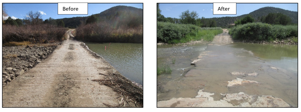 before picture is a dry road and the after picture has water for an aquatic passing.