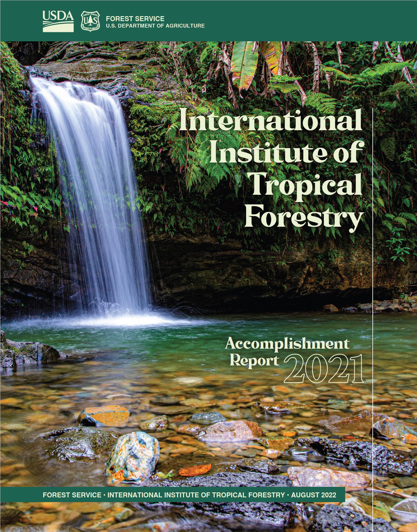 A waterfall in the background and the logo and information of IITF make the cover of the AR 2021