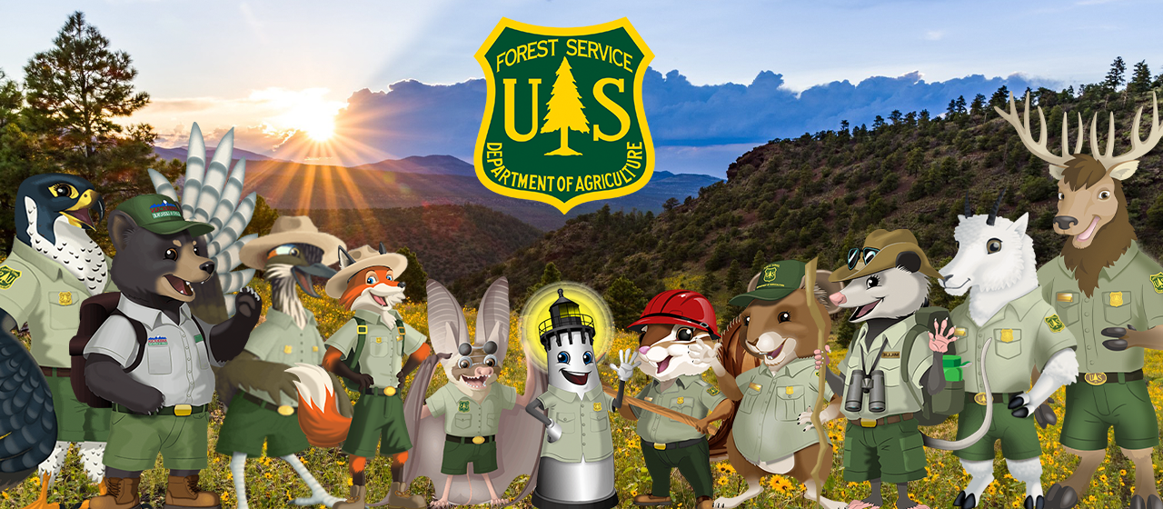 The Agents of Discovery characters in USFS uniform surround the Forest Service shield.