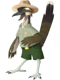An anthropomorphic road runner dressed as a Forest Service District Ranger.