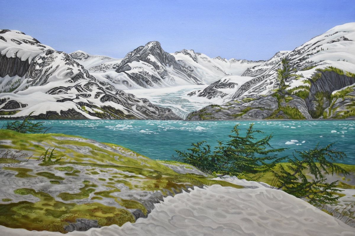 Artist Klara Maisch's painting of Nellie Juan College Fiord wilderness, surreal, bright, snowy, watery and icy.