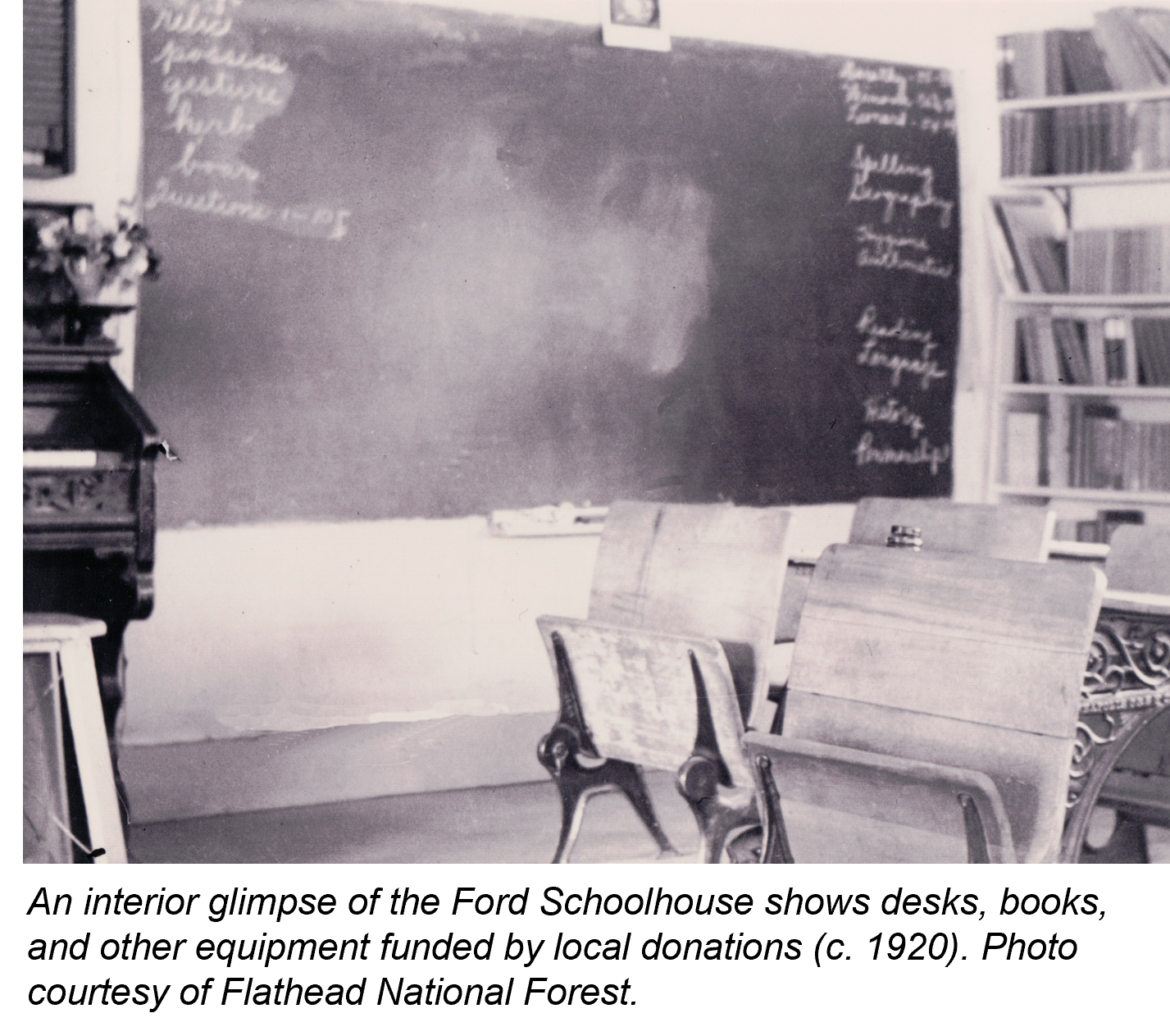 A 1920s glimpse inside Ford Schoolhouse shows desks, chalkboard, and books