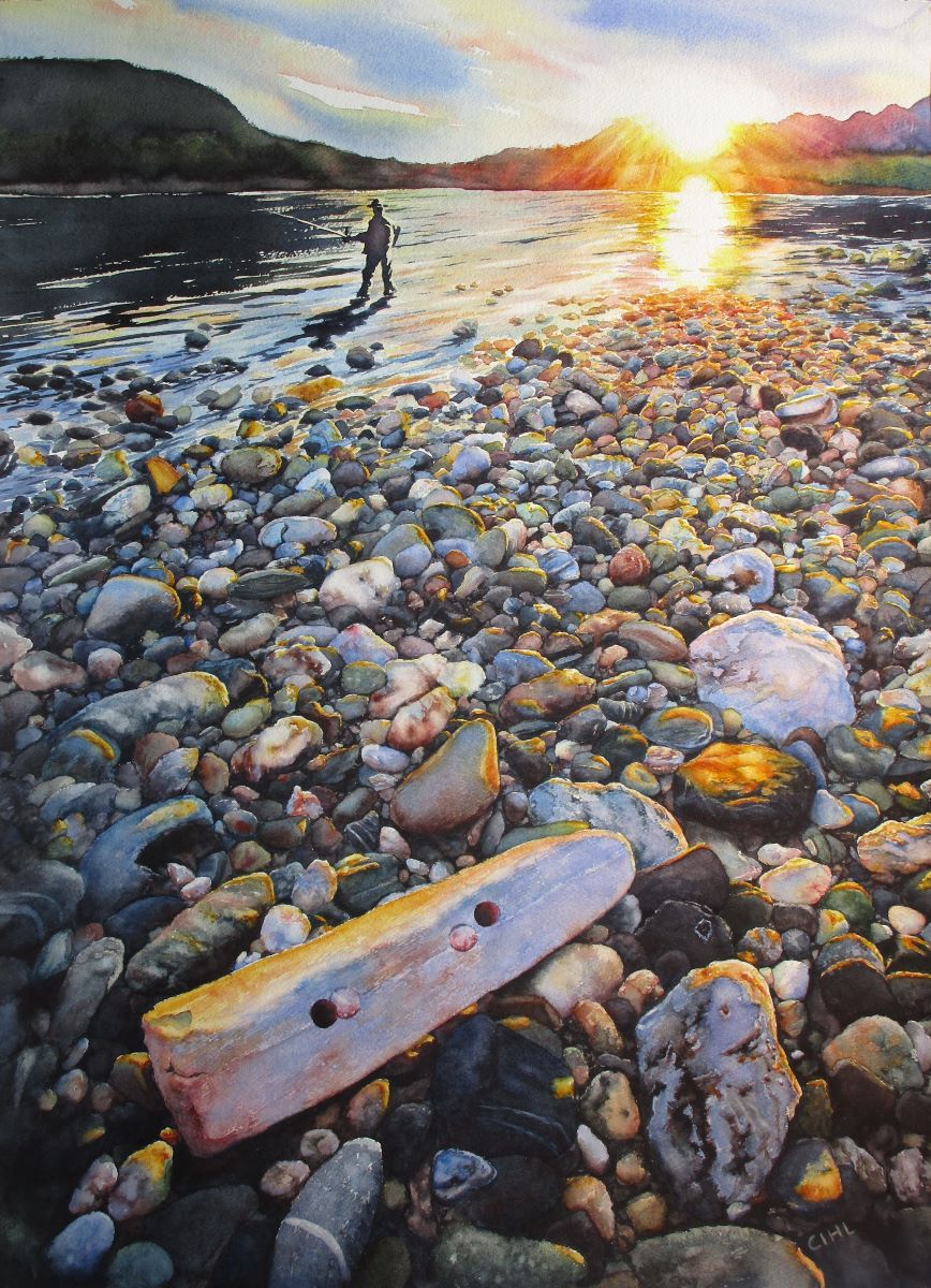 Realistic watercolor painting of a person fishing on the Noatak River.