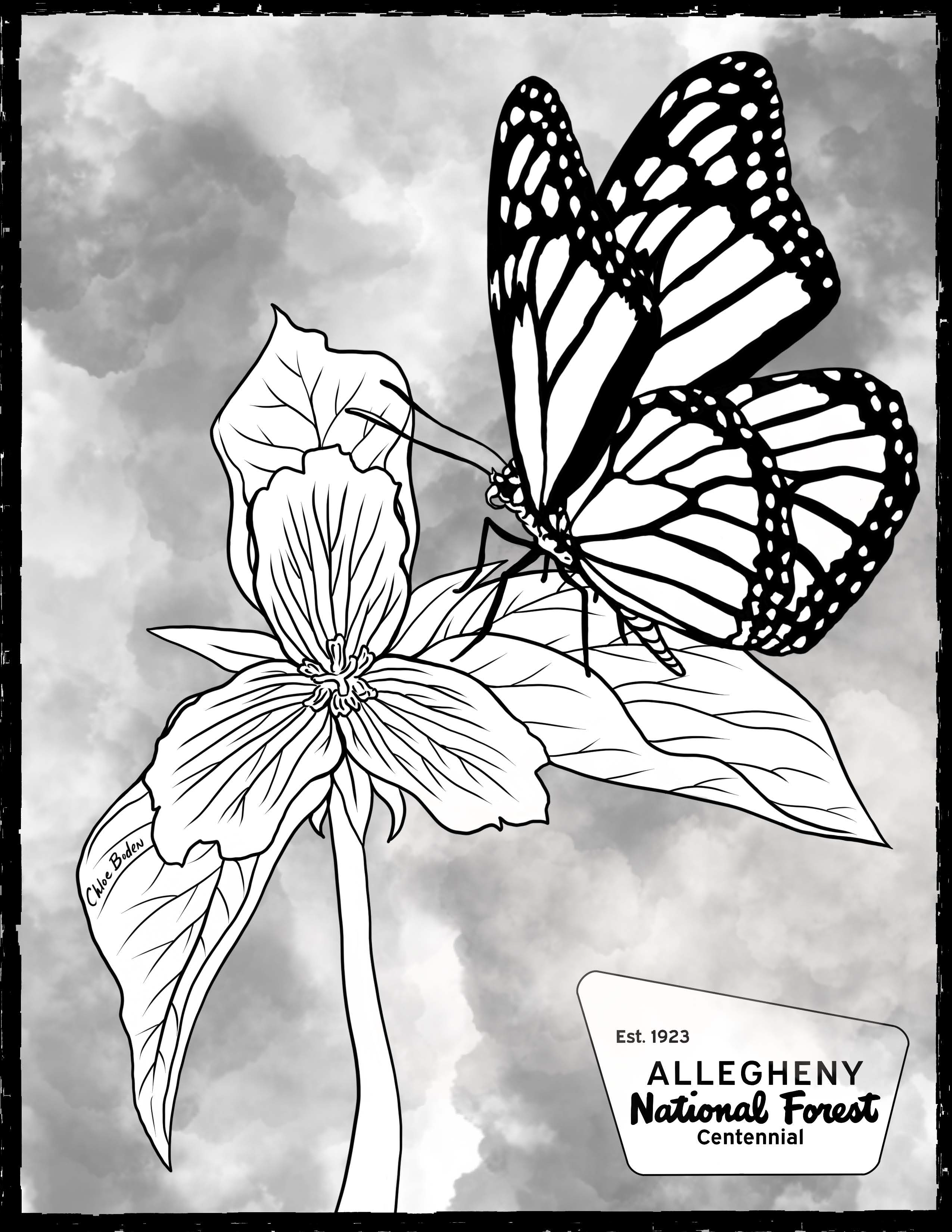 Coloring Page - Painted Trillium and Monarch