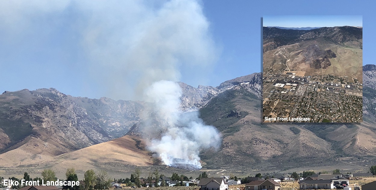 Mountains with homes in foreground with smoke from fire in background & inset of an ariel view