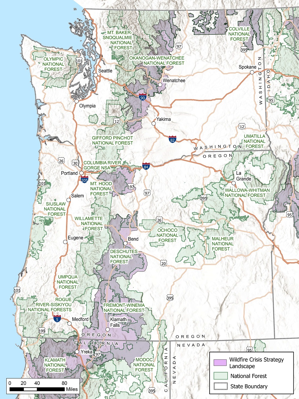 A map of Washington and Oregon, with five wildfire crisis investment landscapes highlighted