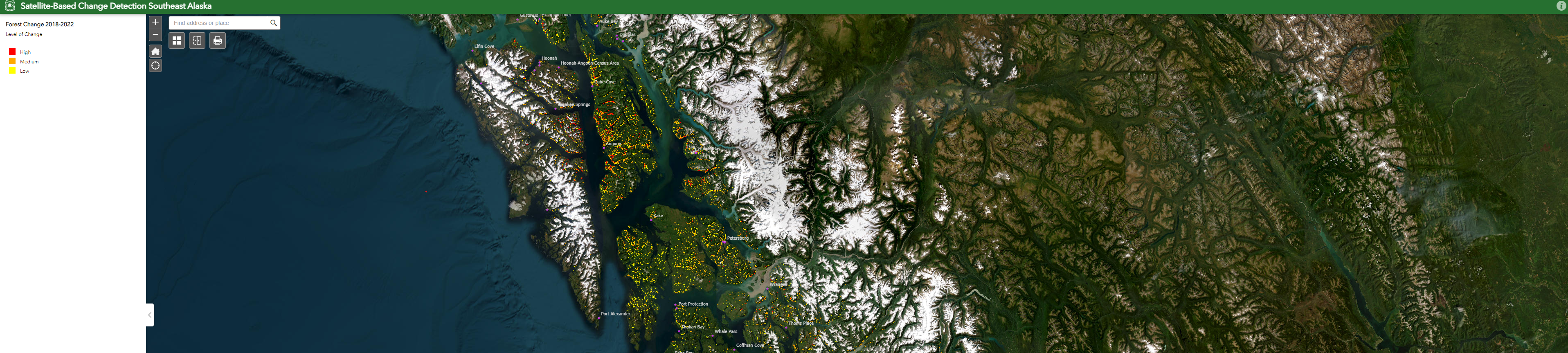 Satellite-based change detection map Southeast Alaska.