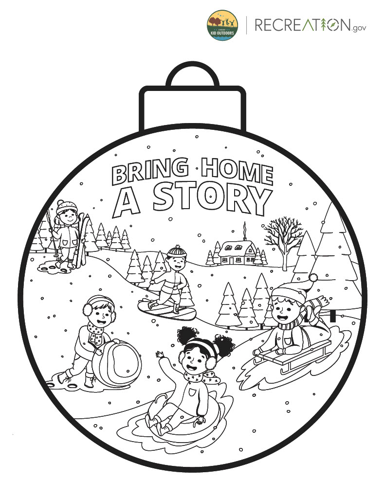 A coloring page states Recreation.gov Bring Home a story with graphics of children playing in snow