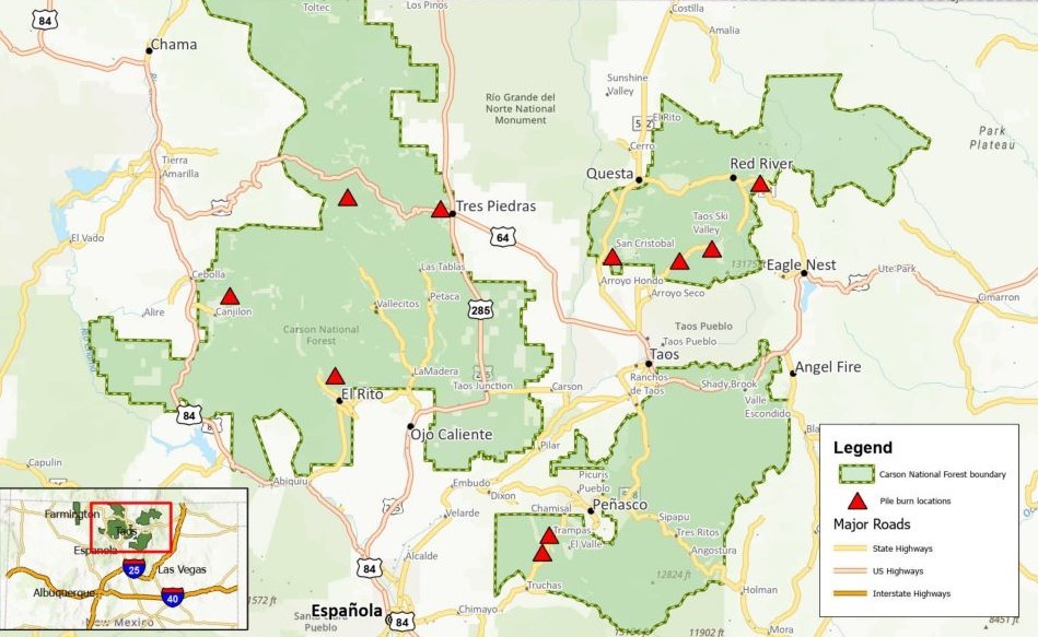 Map of 10 pile burning locations across Carson National Forest