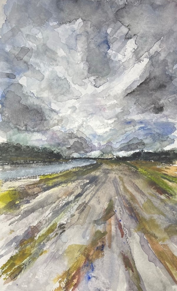 Watercolor painting of a stormy day at Pack Creek.