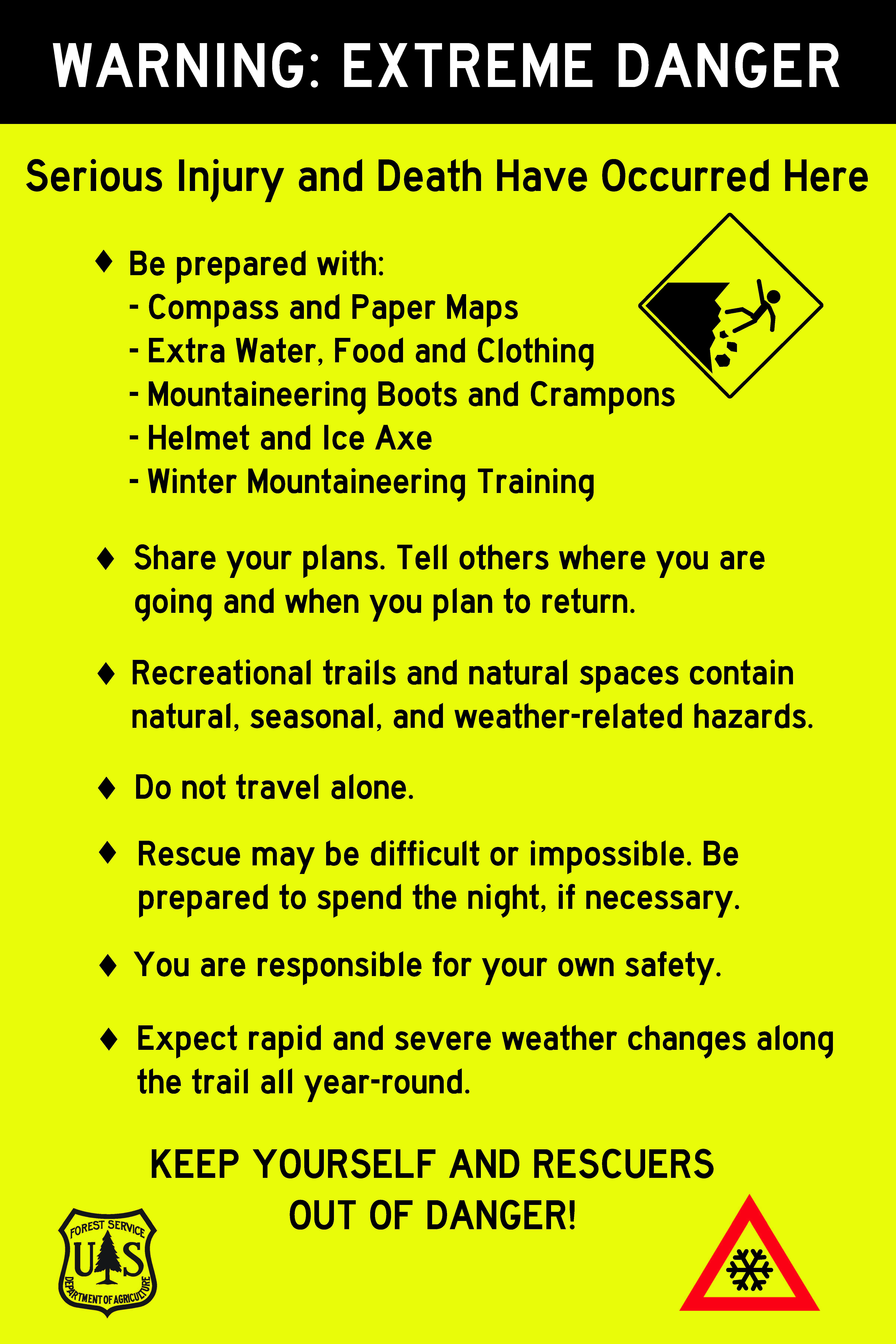 Warning sign for high-elevation hiking