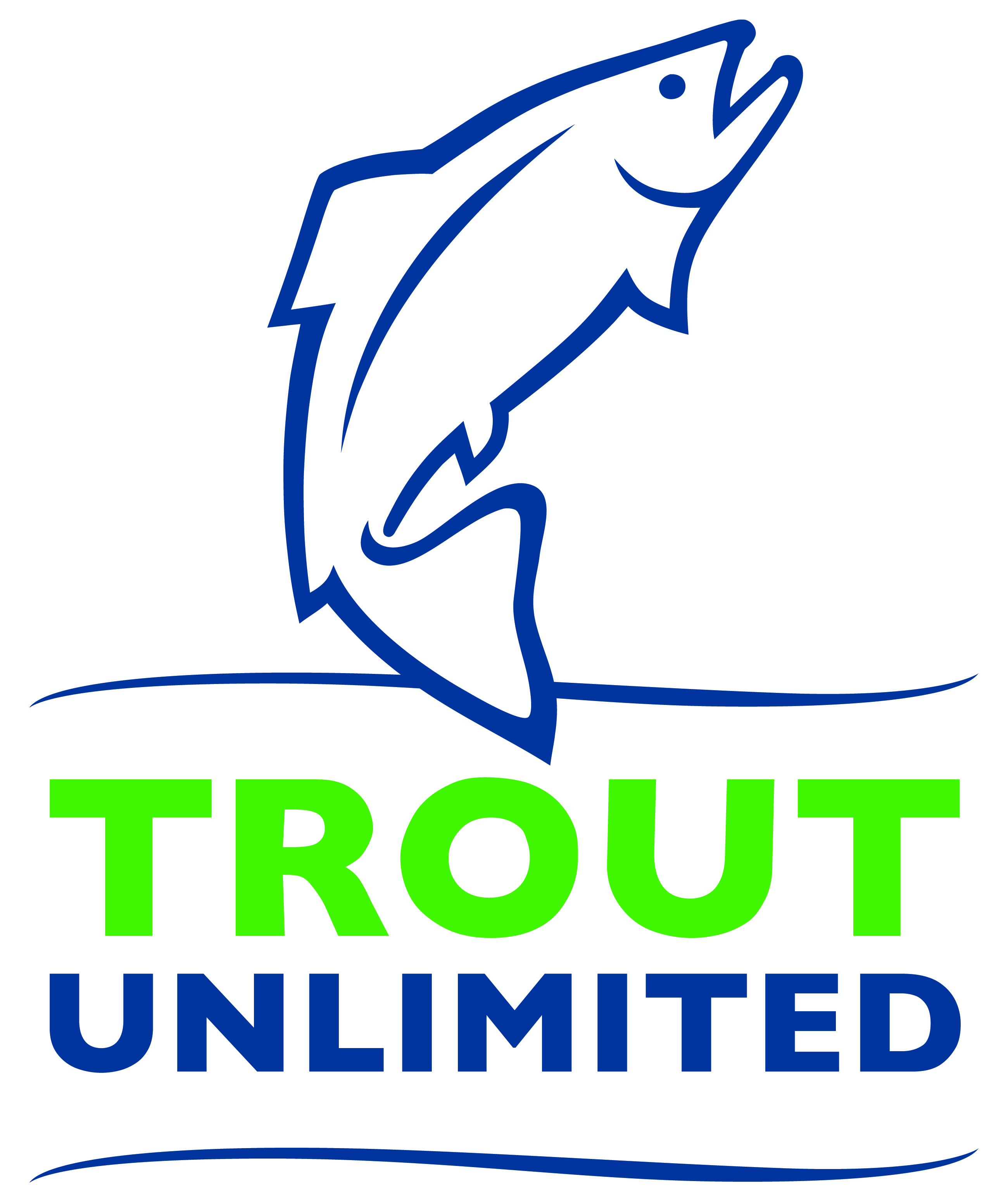 A logo with the words Trout Unlimited and a graphic of a trout.