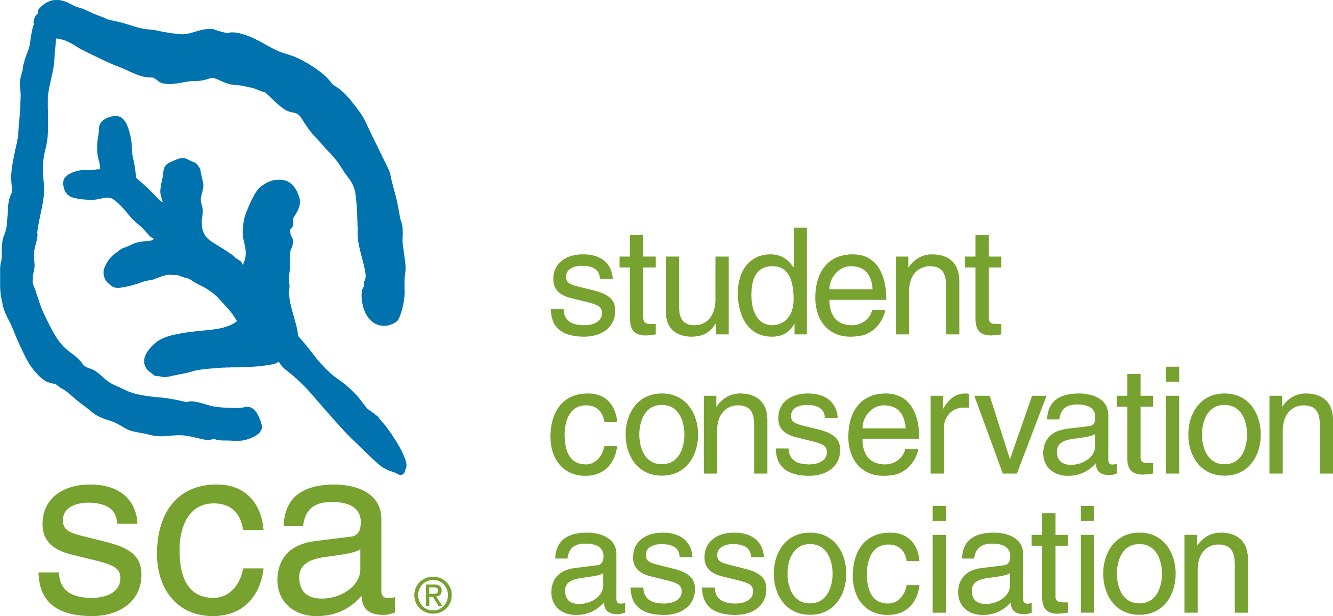 A logo with the words Student Conservation Association and a graphic of a leaf with SCA below it.