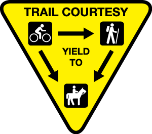 A yellow graphic with arrows pointing towards a bike, a horse and a hiker.
