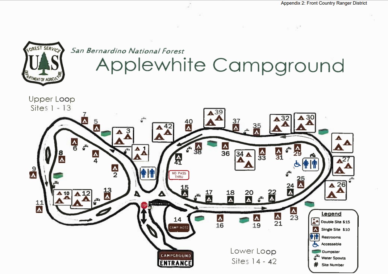 The image shows a map of Applewhite Campground with two loops and 42 camp sites.